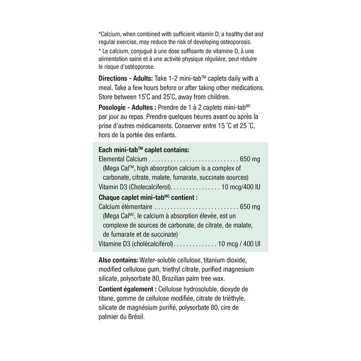 Jamieson Mega Cal Calcium + Vitamin D3 400 IU Caplets, 650 mg