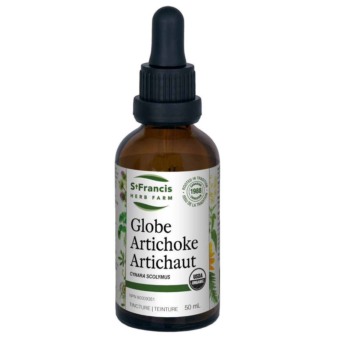 St. Francis Herb Farm Globe Artichoke 50ml tincture bottle, organic leaf extract for bile production and digestive health.