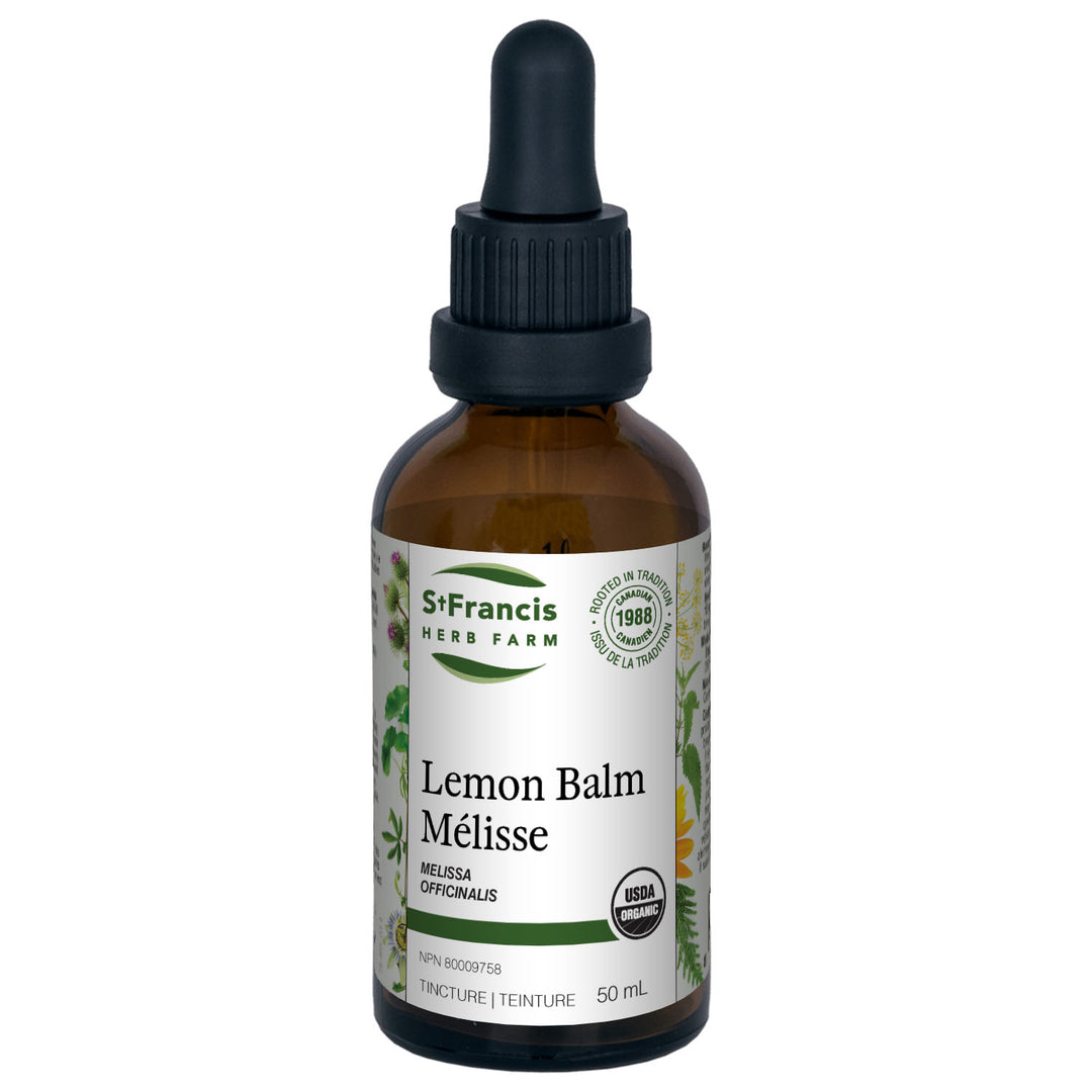 St. Francis Herb Farm Lemon Balm 50ml tincture bottle, certified organic Melissa officinalis extract for anxiety and sleep support.