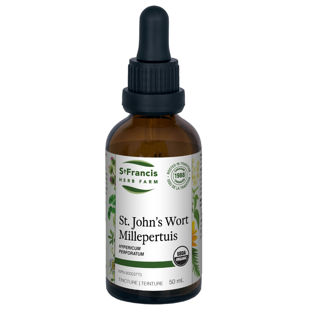 St. Francis Herb Farm St. John's Wort 50ml liquid tincture bottle, organic flowering top extract for mood balance and nerve support.