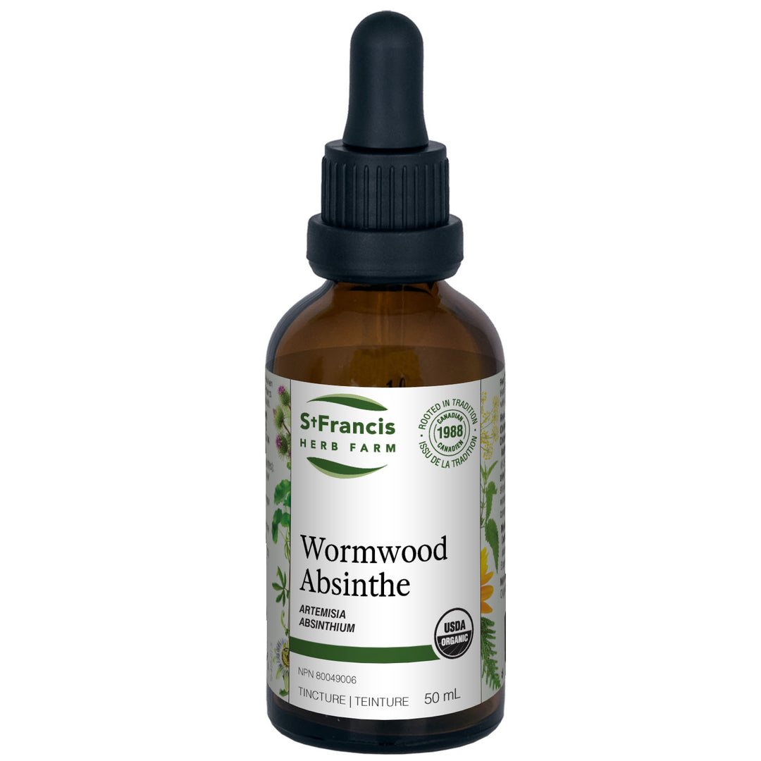 St. Francis Herb Farm Wormwood 50ml tincture bottle, organic liquid extract for parasite cleansing and digestive health.