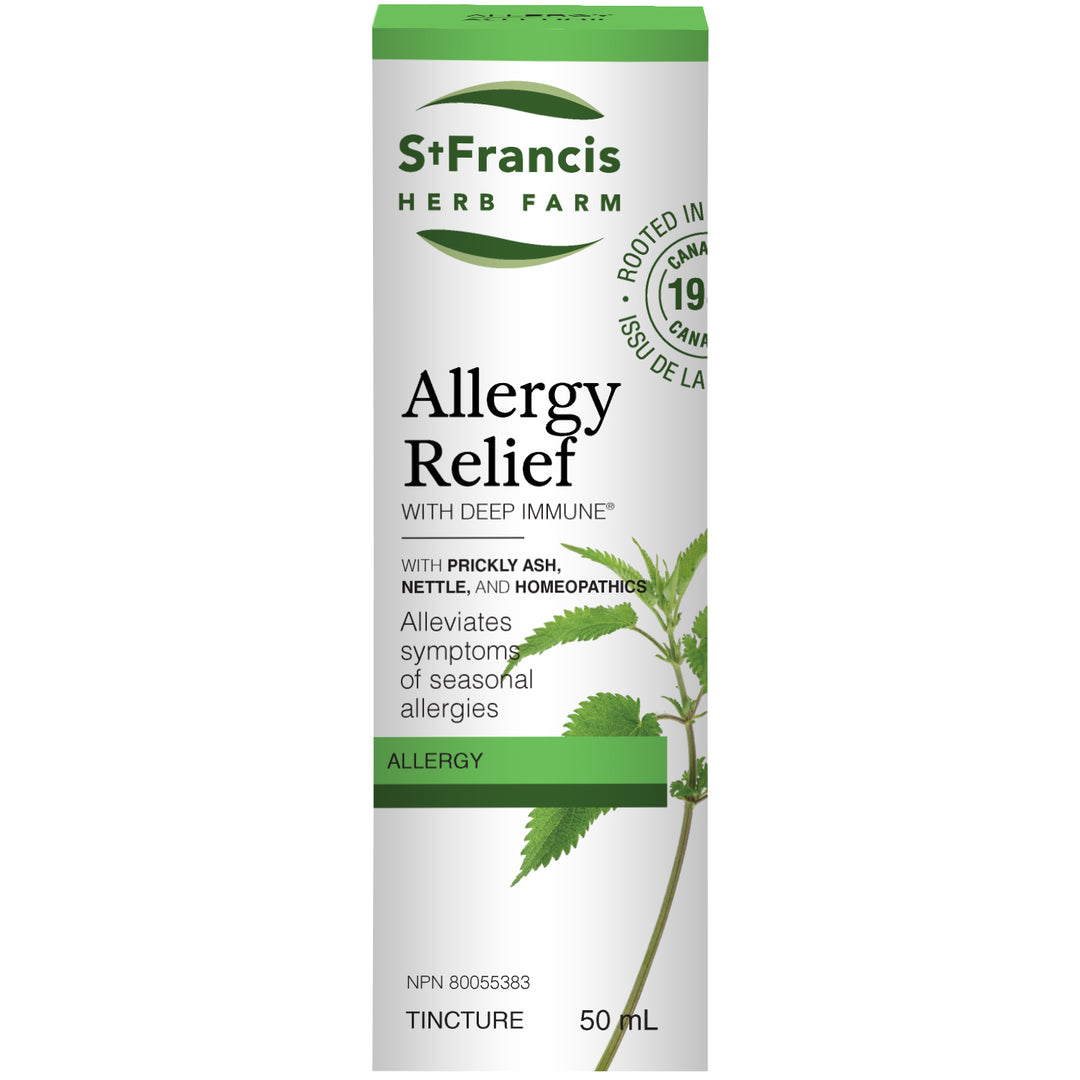 St. Francis Herb Farm Allergy Relief with Deep Immune 50ml tincture bottle, natural allergy remedy for sneezing and congestion.
