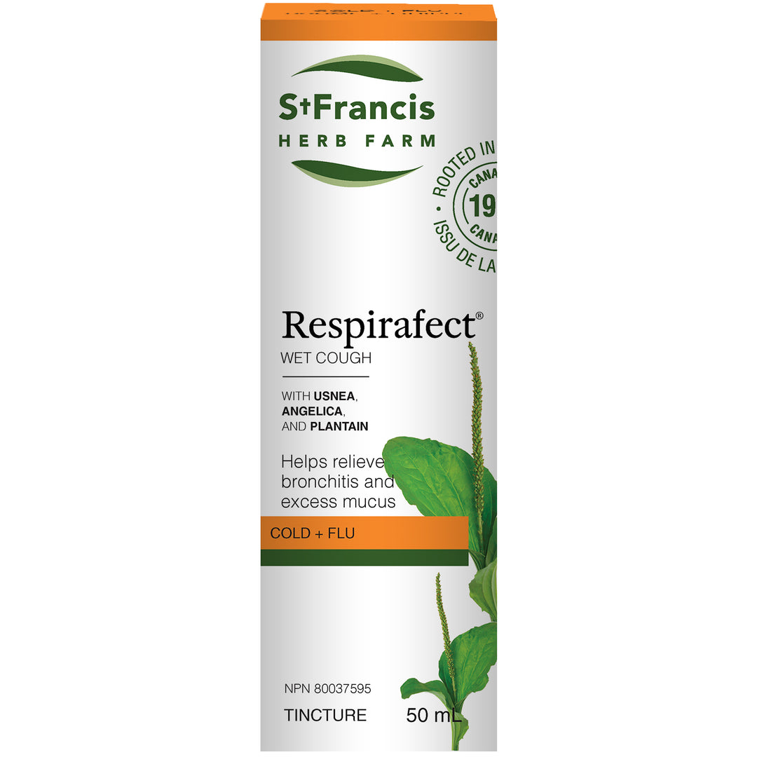 St. Francis Herb Farm Respirafect liquid tincture 50ml, herbal wet cough and chest congestion relief with usnea and echinacea.