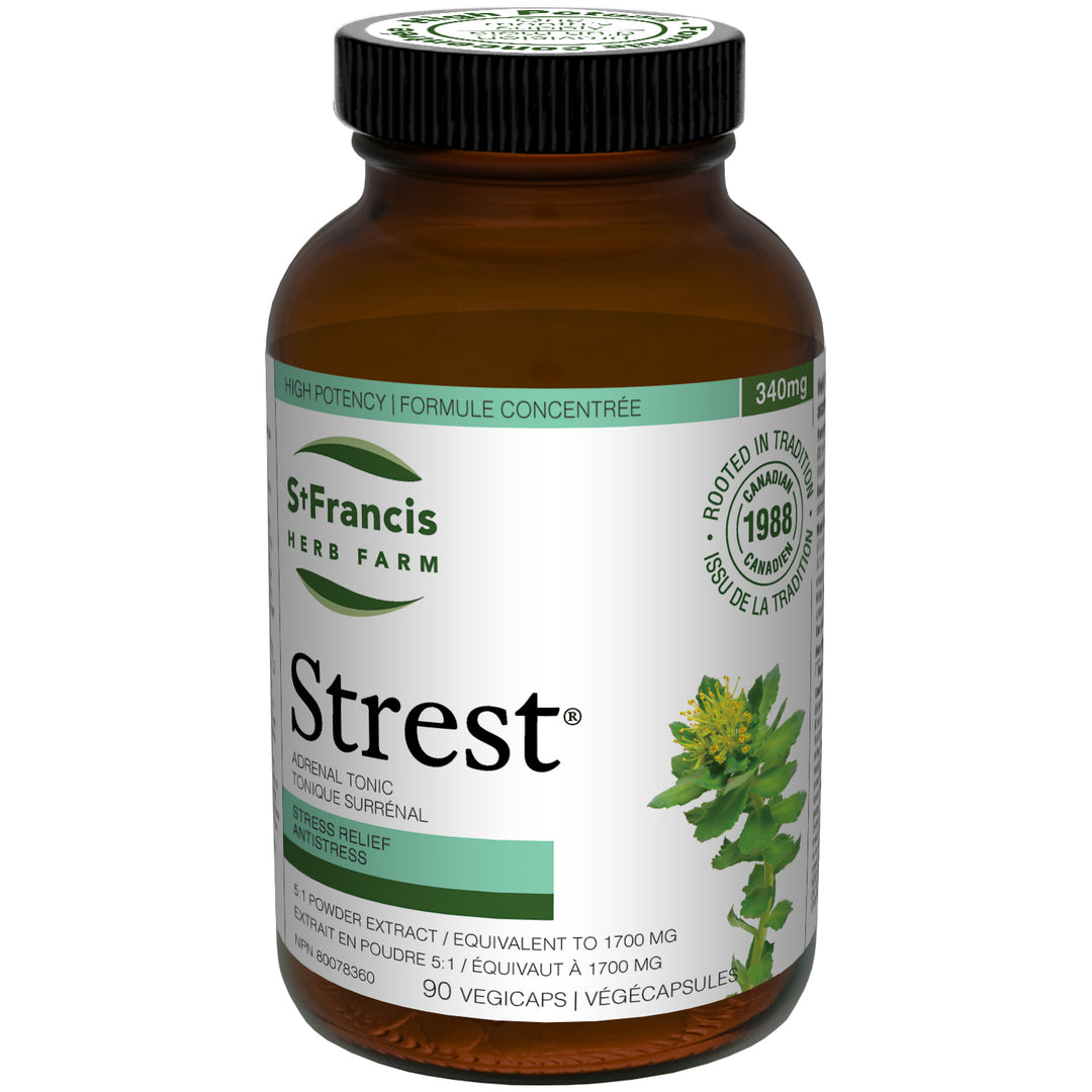 St. Francis Herb Farm Strest 90 vegicaps bottle, high-potency adrenal support formula with ashwagandha, rhodiola, and holy basil.