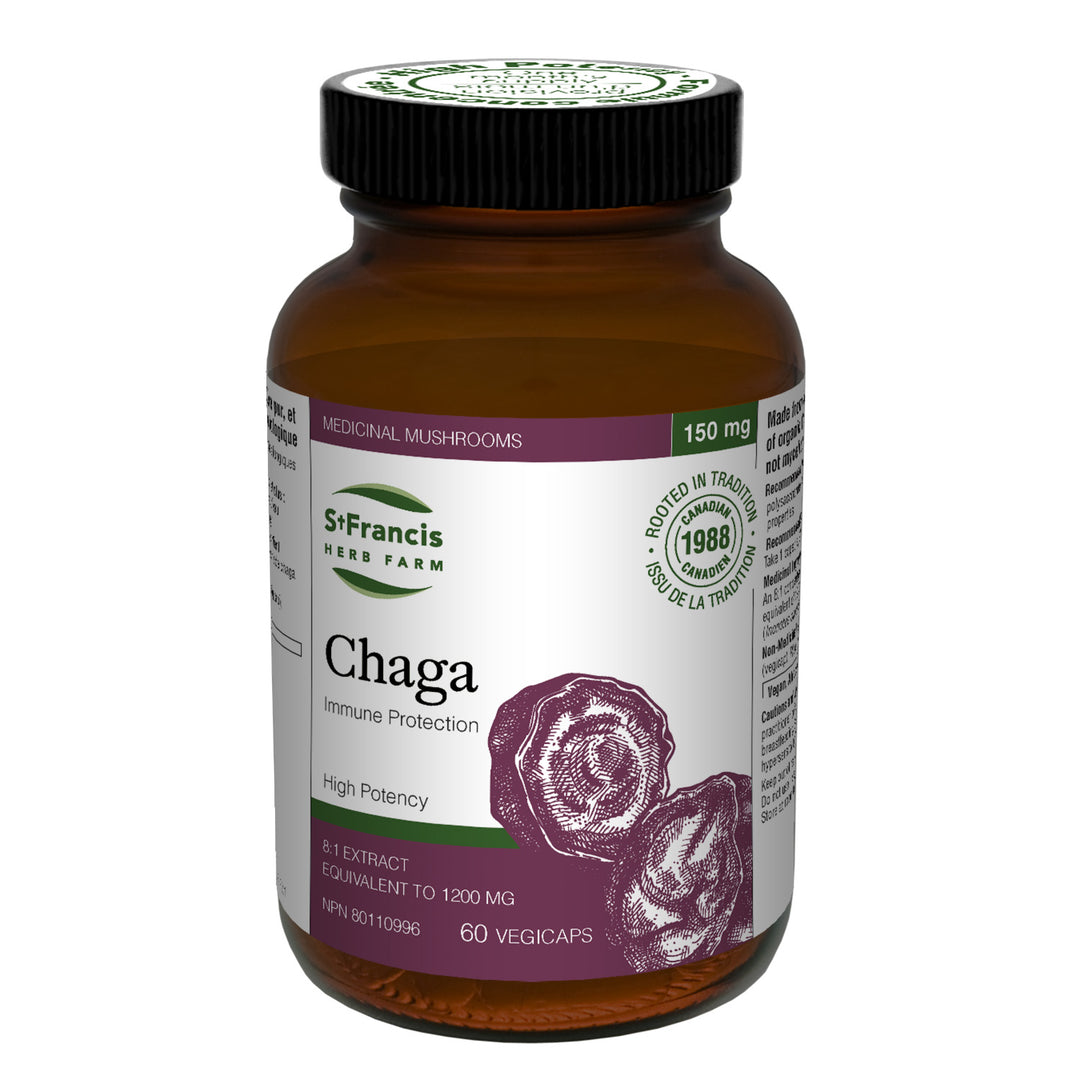 St. Francis Herb Farm Chaga 60 vegicaps bottle, high-potency 8:1 organic mushroom extract for immune and antioxidant support.