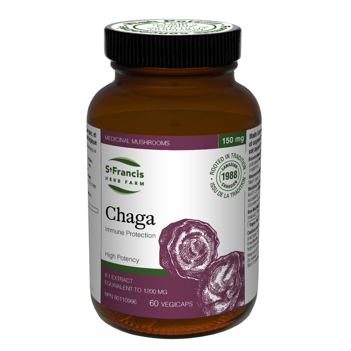 St. Francis Herb Farm Chaga 60 vegicaps bottle, high-potency 8:1 organic mushroom extract for immune and antioxidant support.