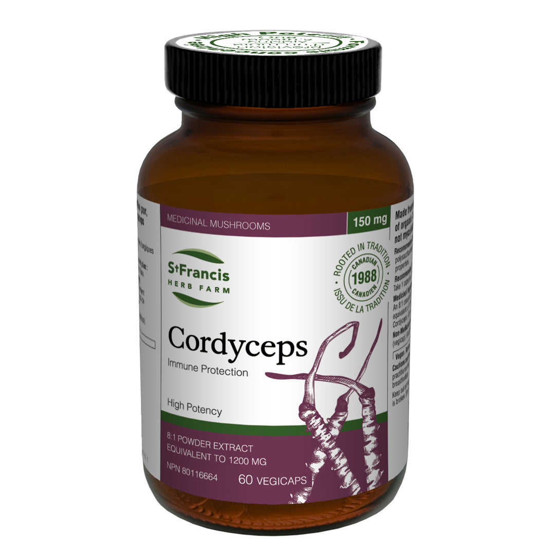 St. Francis Herb Farm Cordyceps 60 vegicaps bottle, high-potency 8:1 organic mushroom extract for energy and endurance.
