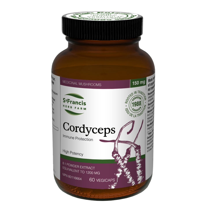 St. Francis Herb Farm Cordyceps 60 vegicaps bottle, high-potency 8:1 organic mushroom extract for energy and endurance.