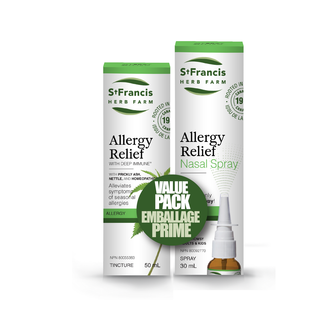 St. Francis Herb Farm Allergy Relief Value Pack featuring 30ml Nasal Spray and 50ml Deep Immune Tincture for seasonal allergy relief.