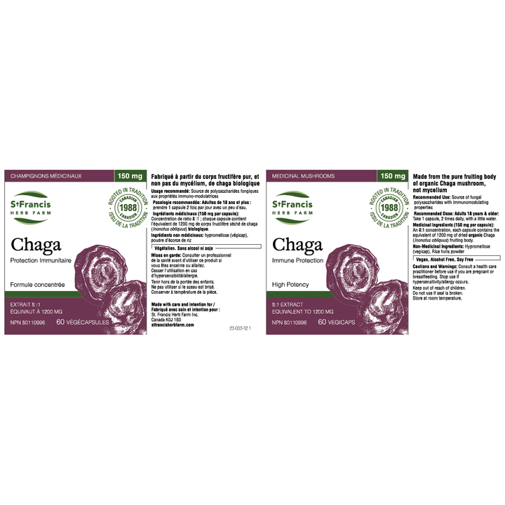 Medicinal ingredients and usage label for St. Francis Chaga, showing 8:1 concentration of Inonotus obliquus fruiting body.