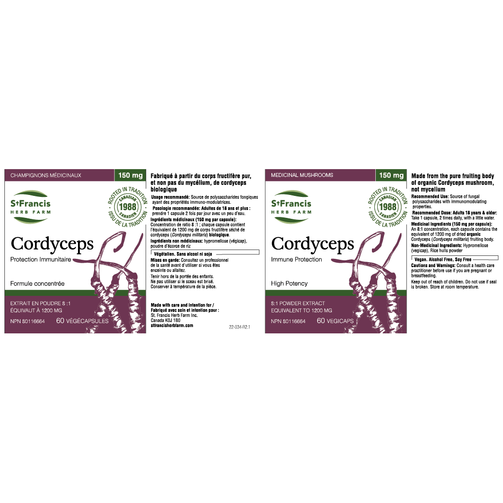 Ingredients and suggested use details label for St. Francis Cordyceps, showing organic fruiting body extract and dosing instructions.