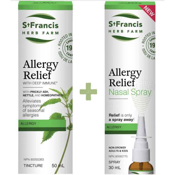 St. Francis Herb Farm Allergy Relief Value Pack featuring 30ml non-drowsy Nasal Spray plus 50ml Deep Immune Tincture allergy relief.