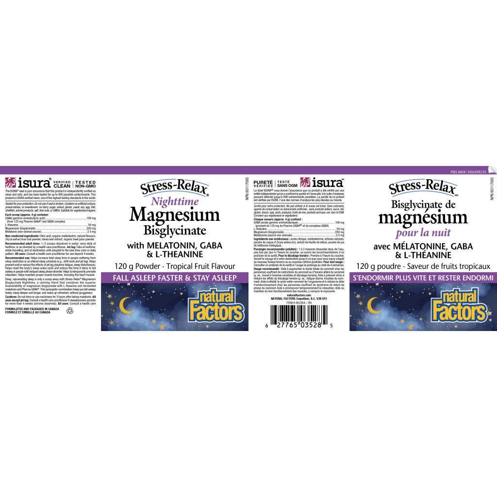 Natural Factors Stress-Relax Nighttime Magnesium Bisglycinate Tropical Fruit - 120g