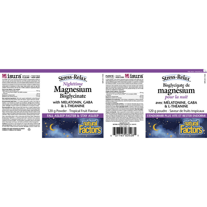 Natural Factors Stress-Relax Nighttime Magnesium Bisglycinate Tropical Fruit - 120g