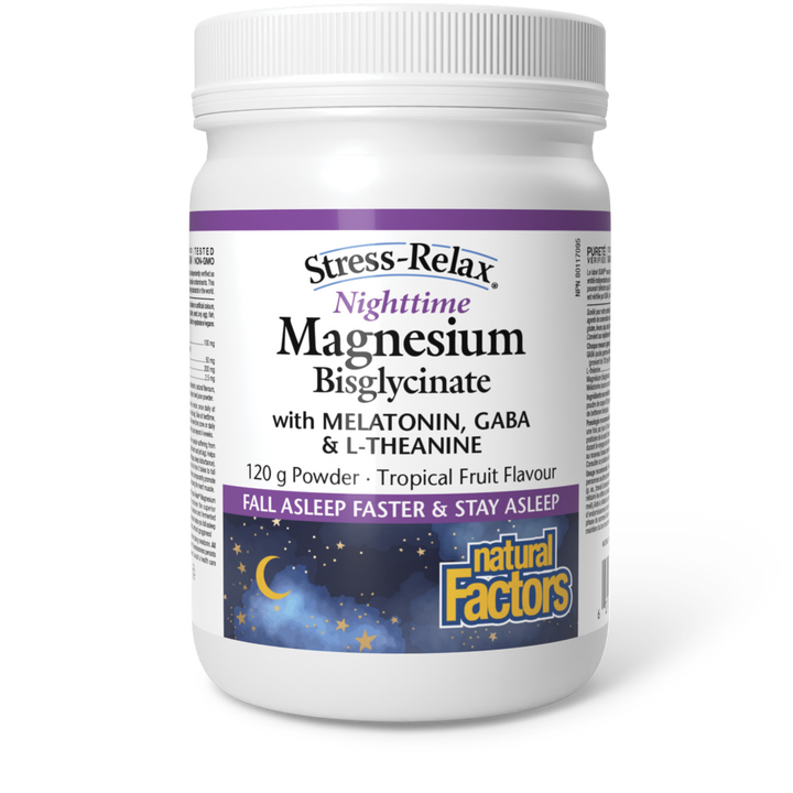 Natural Factors Stress-Relax Nighttime Magnesium Bisglycinate Tropical Fruit - 120g