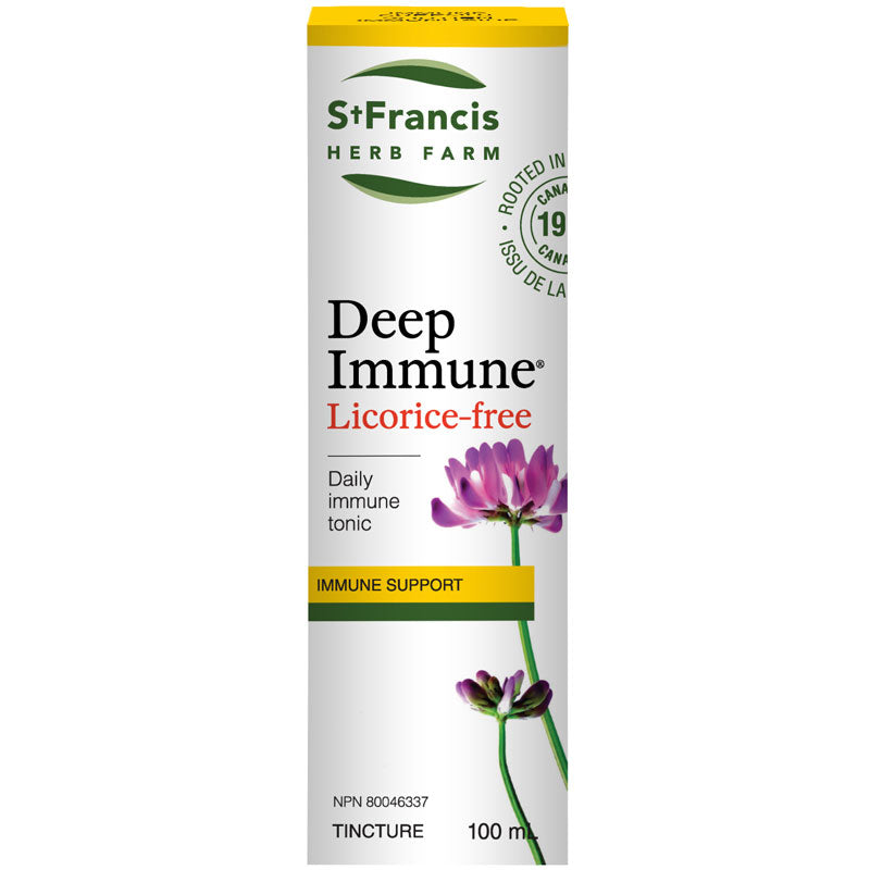 St. Francis Herb Farm Deep Immune Licorice-Free tincture 100 ml bottle, adaptogenic immune tonic for daily health and hypertension safety.