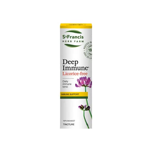 St. Francis Herb Farm Deep Immune Licorice-Free tincture bottle, adaptogenic immune tonic for daily health and hypertension safety.
